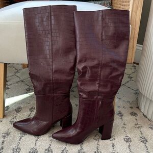 Lulu's Burgundy Croc-Embossed Heeled Boots